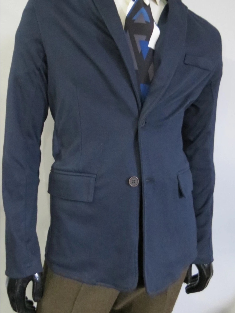 Shred In Thread slate blue knit sport coat blazer brown suede elbow patches L
